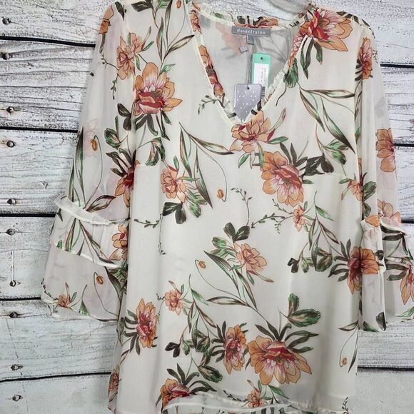 Daniel Rainn L Floral Ruffle Trim Bell Sleeve Blouse, New - Picture 2 of 6
